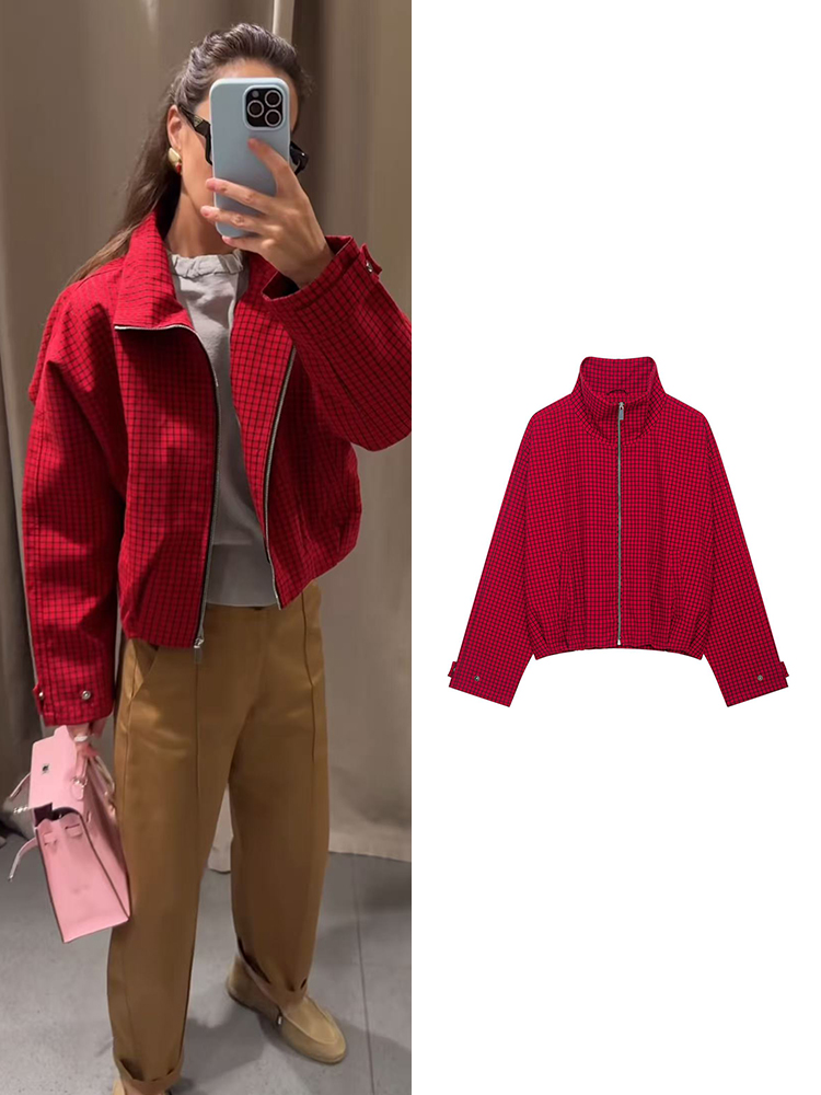 Women'S Fashion Bomber Jacket - Giacca Bomber a Quadri da Donna