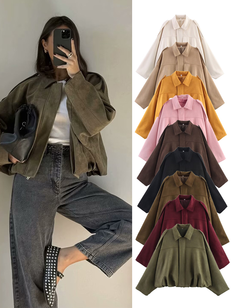 Women'S Fashion Bomber Jacket - TFMLN Giacca bomber in pelle scamosciata